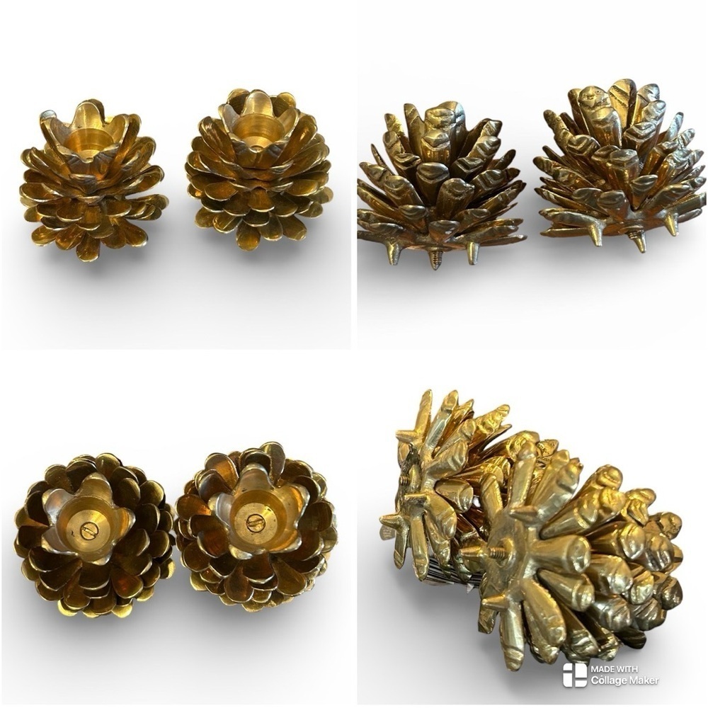 Set of 2 vintage brass pinecone candle holders